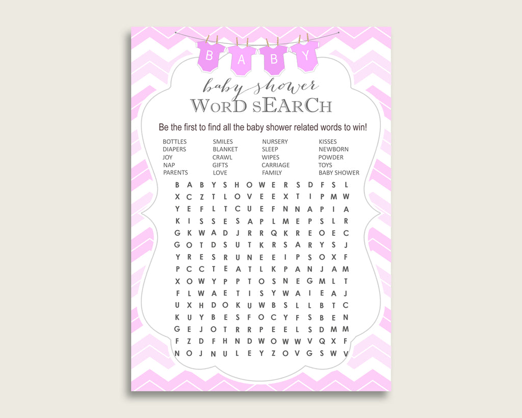 Chevron Word Search Game, Pink White Baby Shower Word Search Cards Printable, Girl Baby Shower Activities, Hidden Words, Instant cp001