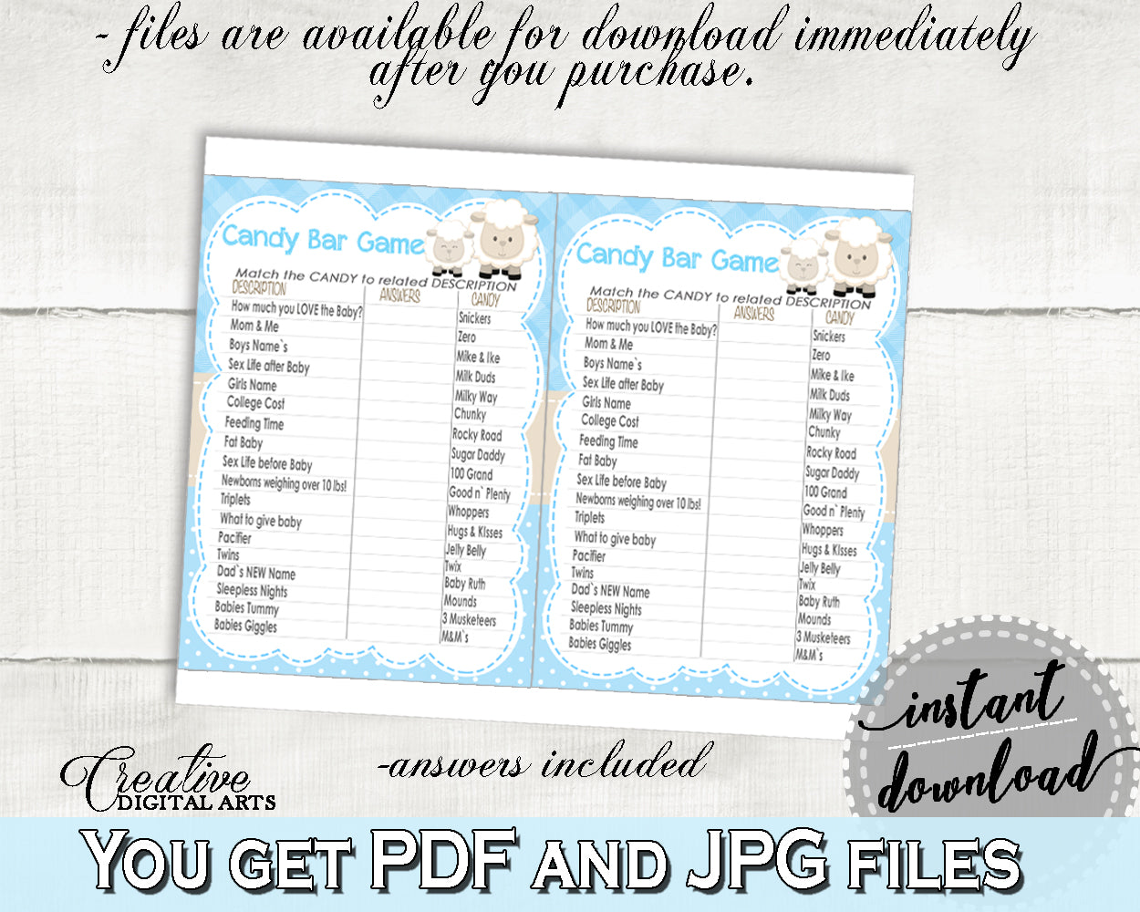 Little Lamb Boy Baby Shower CANDY BAR game printable, blue boy shower, sheep shower game, digital files, Jpg Pdf, instant download - fa001