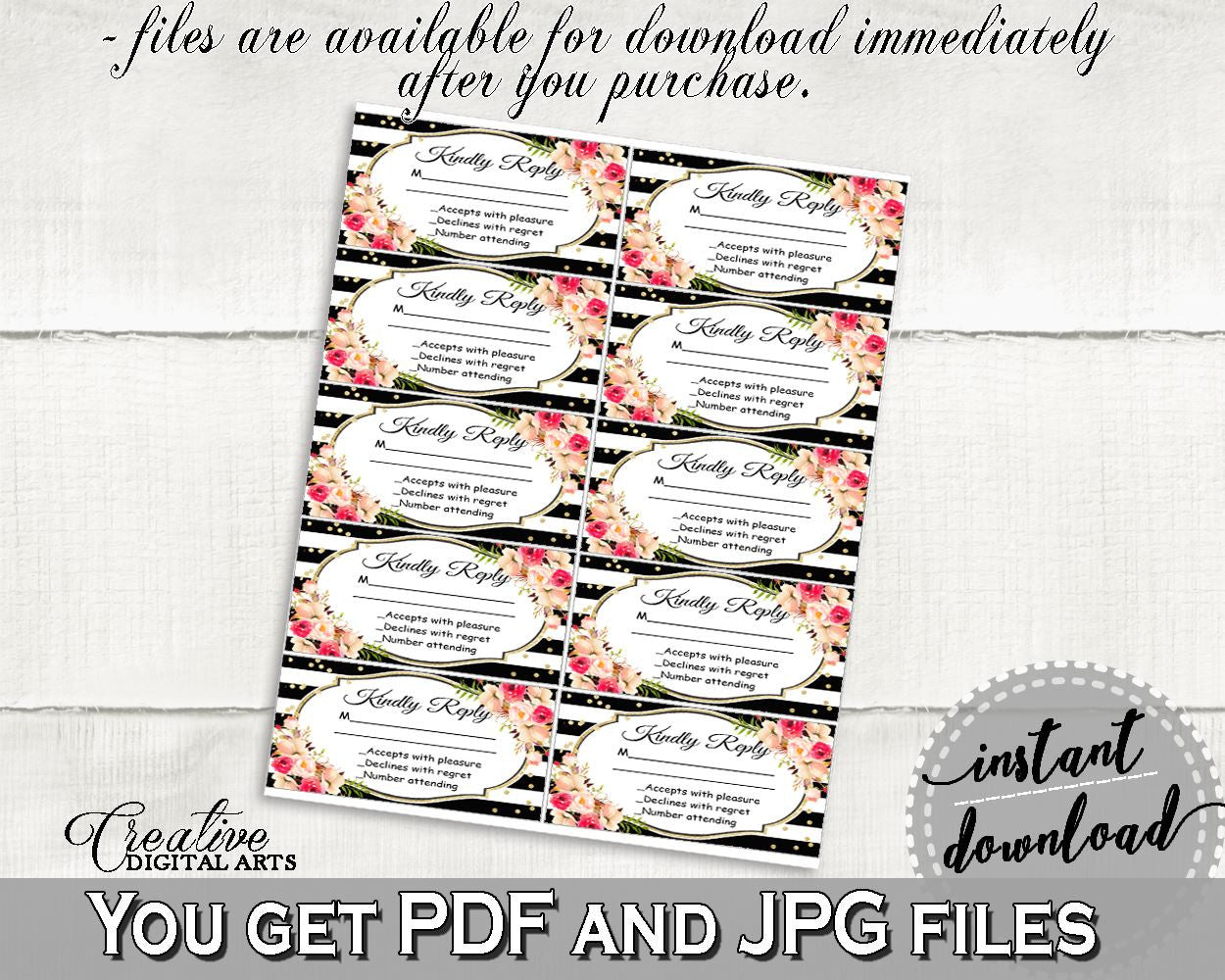 Invitation Insert Kindly Reply in Flower Bouquet Black Stripes Bridal Shower Black And Gold Theme, insert card, prints, printables - QMK20 - Digital Product