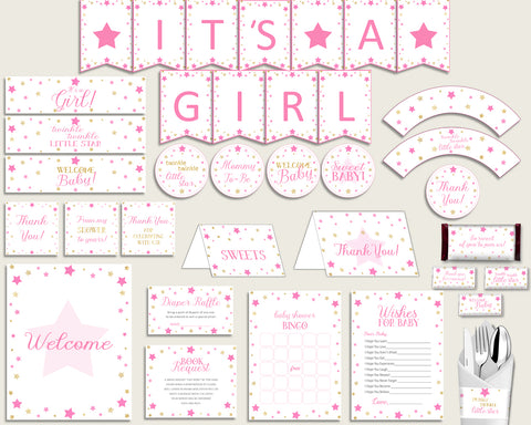 Pink Gold Baby Shower Decorations Girl Kit, Twinkle Star Baby Shower Party Package Printable, Instant Download, Cute Stars bsg01