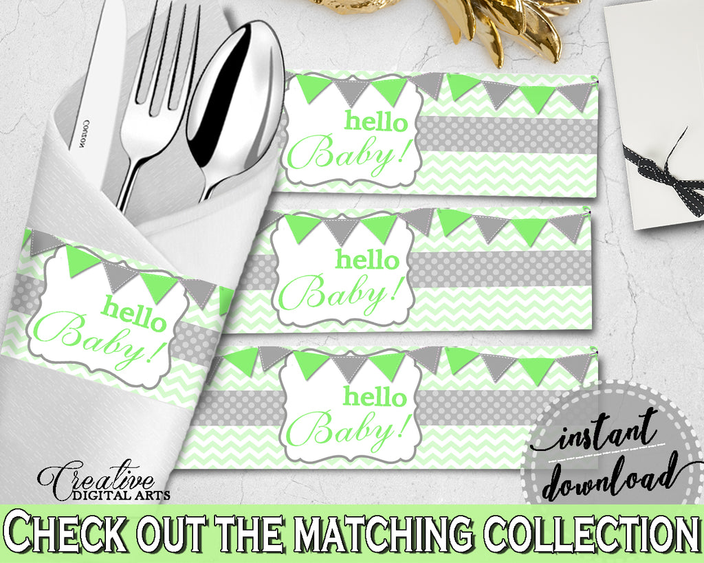 Baby shower boy girl NAPKIN RINGS printable with chevron green theme, digital file Jpg Pdf, instant download - cgr01