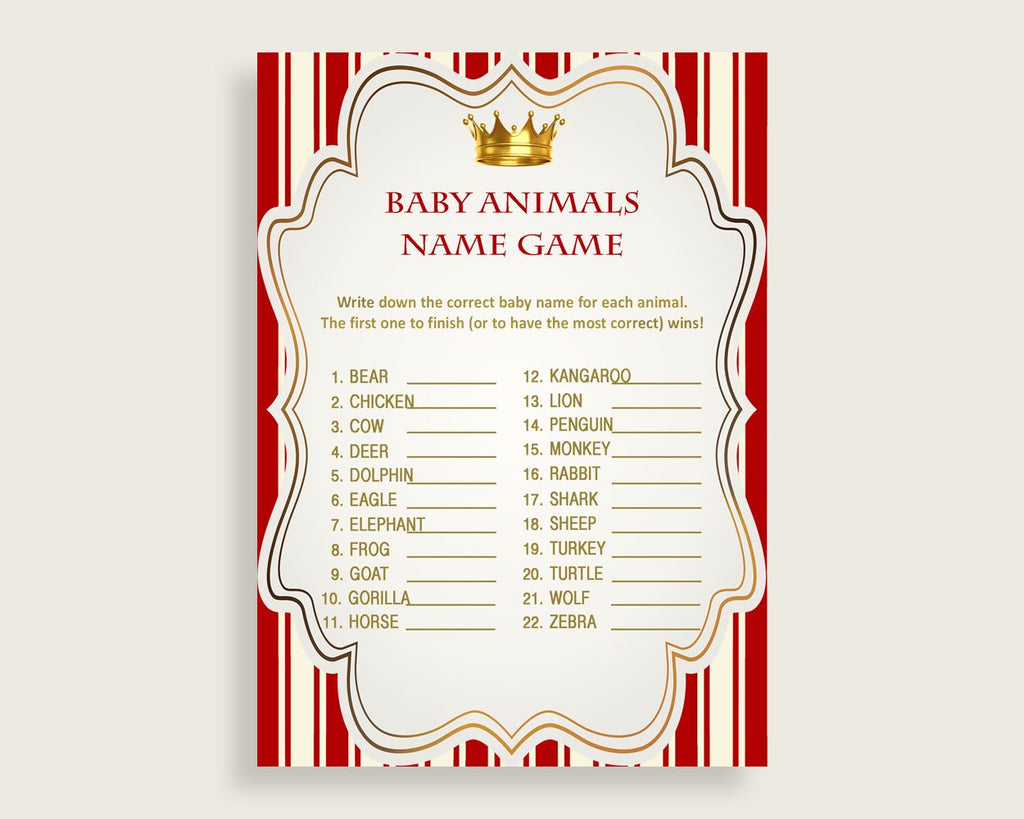 Prince Name The Baby Animals Game Printable, Red Gold Baby Shower Animal Game, Boy Baby Shower, Instant Download, Most Popular Crown, 92EDX
