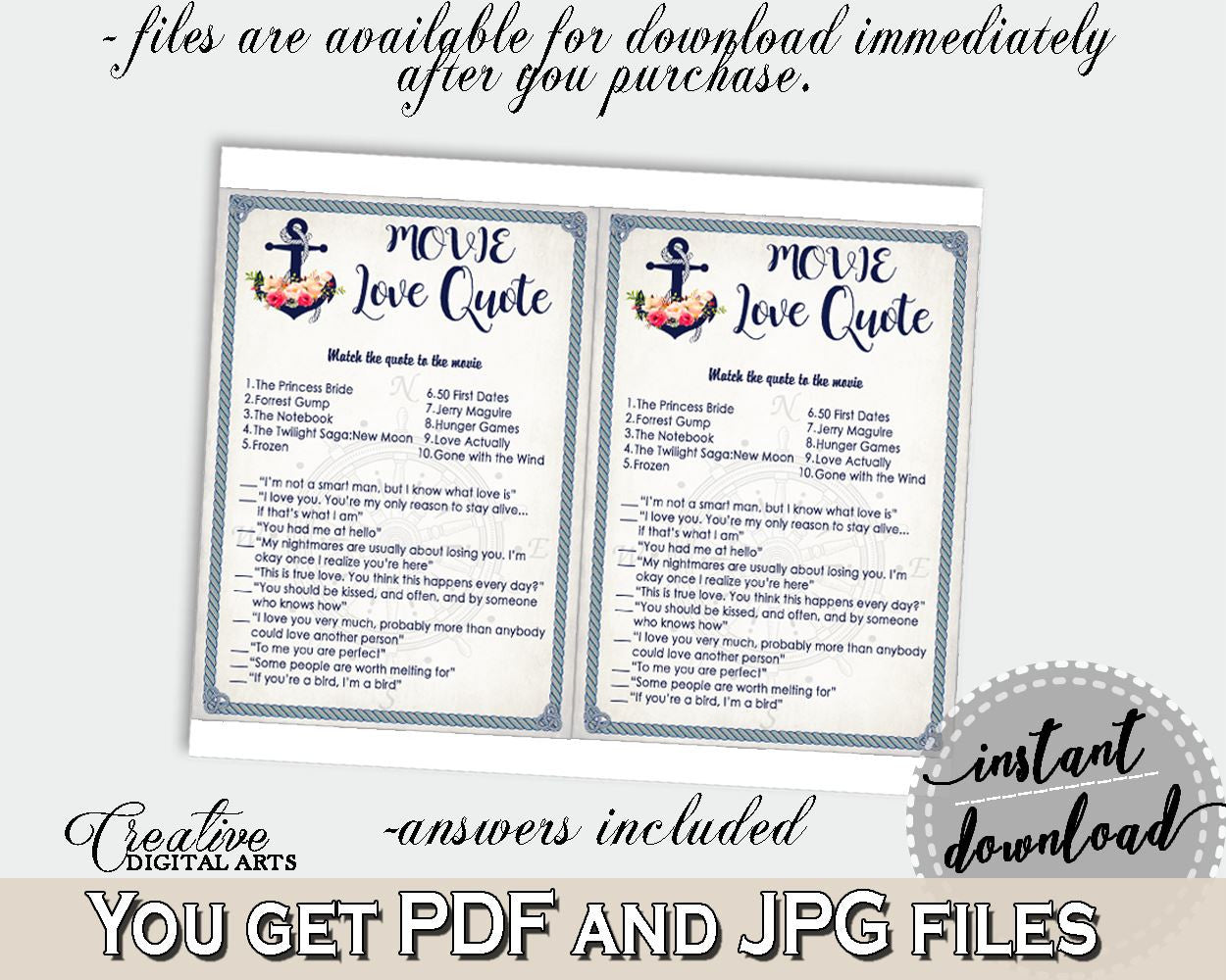 Movie Love Quote Game in Nautical Anchor Flowers Bridal Shower Navy Blue Theme, chick flick game, sea bridal shower, party ideas - 87BSZ - Digital Product