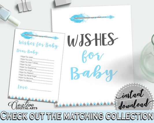 Wishes Baby Shower Wishes Aztec Baby Shower Wishes Blue White Baby Shower Aztec Wishes party supplies, party décor - QAQ18 - Digital Product