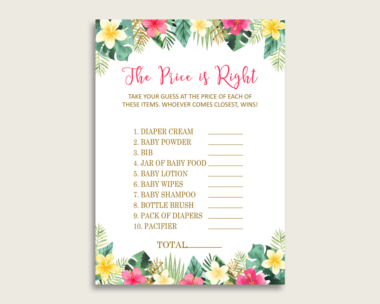 Pink Green The Price Is Right Game, Hawaiian Baby Shower Girl Activity, Guess The Price Game Printable, Instant Download, Luau Aloha 955MG