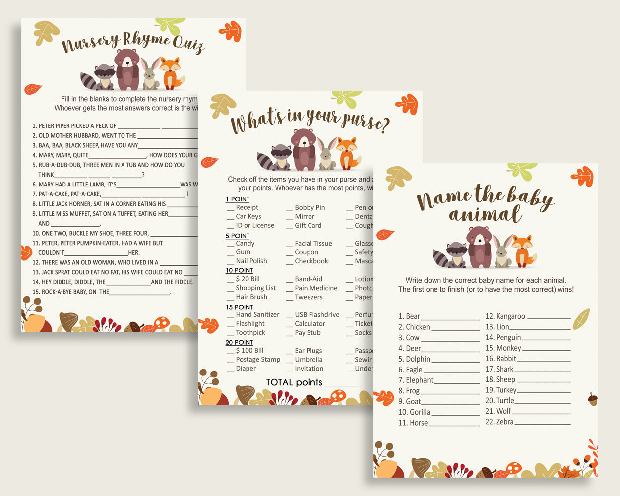 Woodland Baby Shower Games Printable Pack, Brown Beige Baby Shower Games Package Gender Neutral, Fall Games Bundle Set, Instant w0001