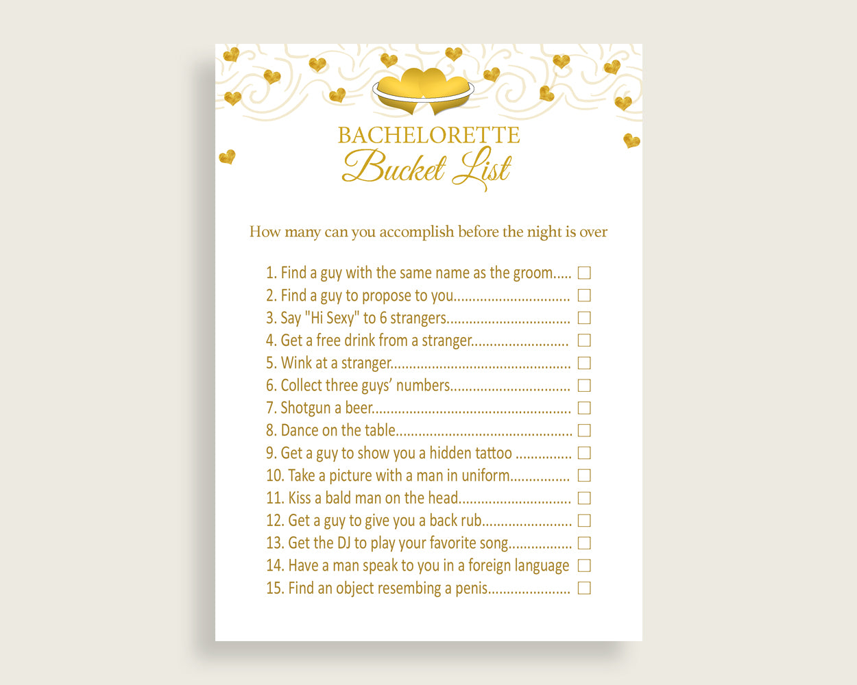 Bachelorette Bucket List Bridal Shower Bachelorette Bucket List Gold Hearts Bridal Shower Bachelorette Bucket List Bridal Shower Gold 6GQOT