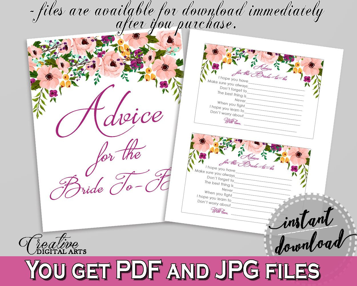 White And Pink Watercolor Flowers Bridal Shower Theme: Advice For The Bride To Be - advice to the bride, party organizing, prints - 9GOY4 - Digital Product