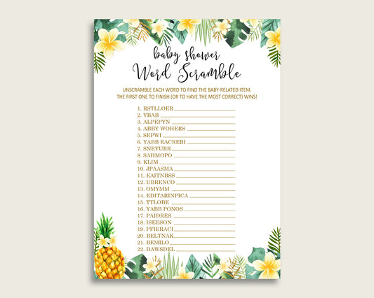 Gender Neutral Baby Shower Word Scramble Game Printable, Cute Tropical Green Yellow Word Scramble, Funny Activity, Instant Download, 4N0VK