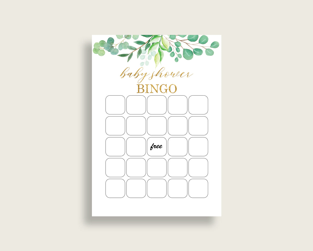 Greenery Baby Shower Bingo Cards Printable, Green Gold Baby Shower Gender Neutral, 60 Prefilled Bingo Game Cards, Spring Watercolor Y8X33