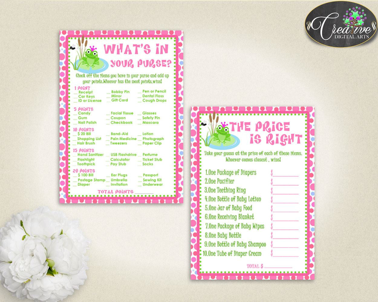 Frog Baby Shower Games, girl baby shower games, baby shower games printable, pink dots games, jpg pdf, digital, Instant Download - bsf01 - Digital Product