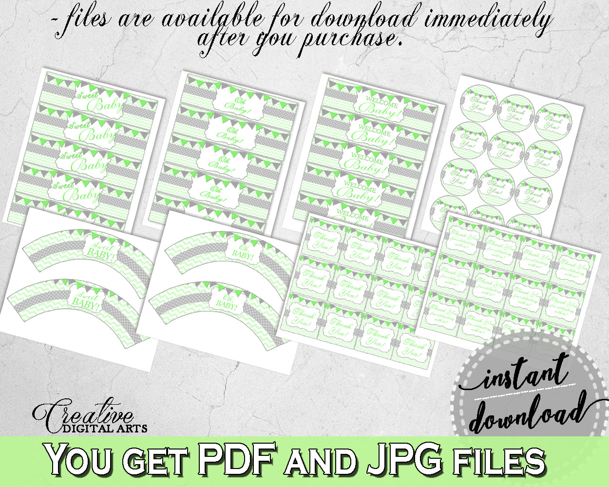 Green Baby Boy or Girl Shower Decoration package bundle printable with chevron green theme, Jpg Pdf - Instant Download - cgr01