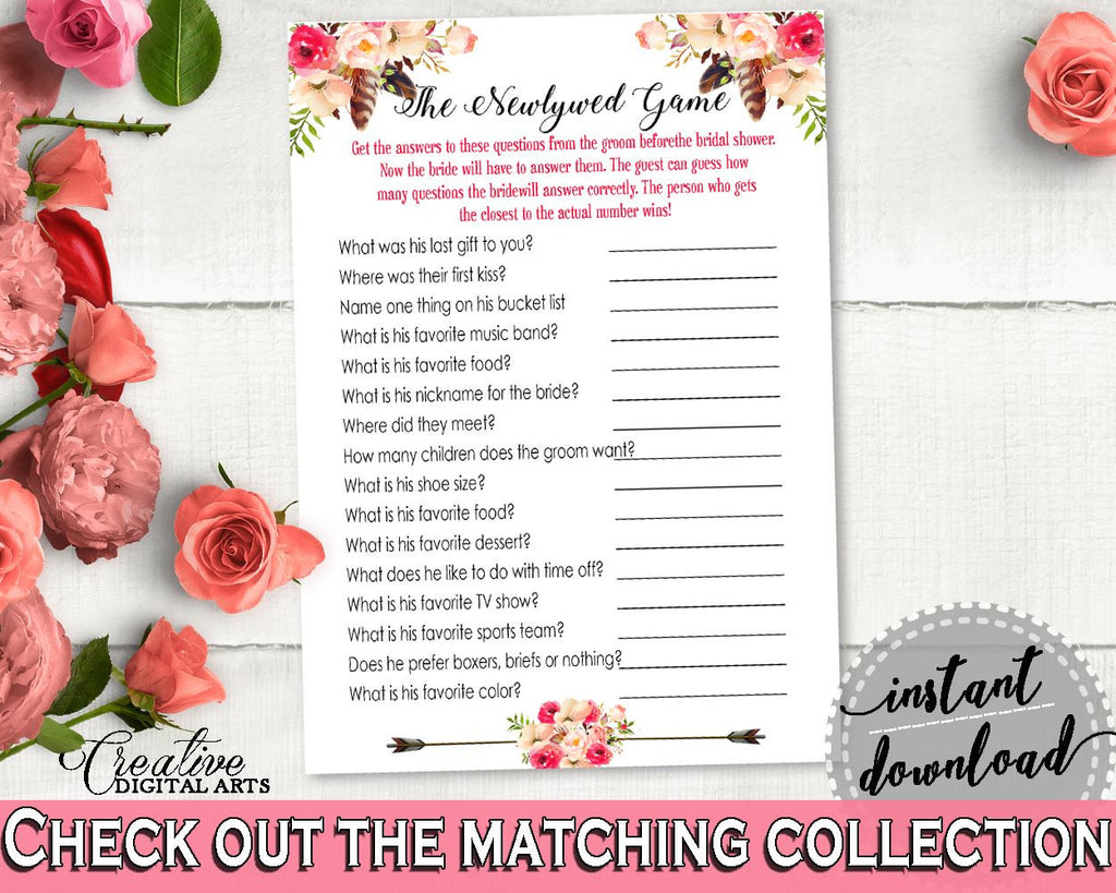 The Newlywed Game in Bohemian Flowers Bridal Shower Pink And Red Theme, icebreaker game, beautiful bridal, party plan, party stuff - 06D7T - Digital Product