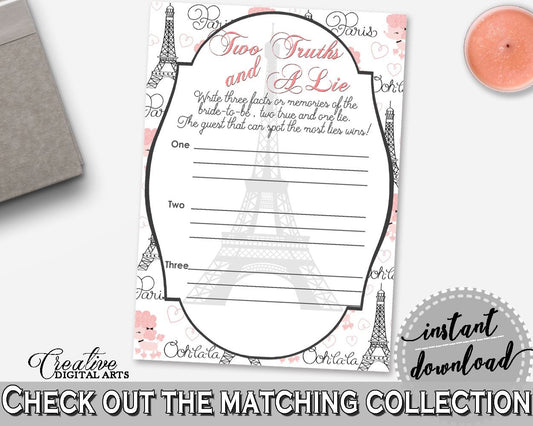 Pink And Gray Paris Bridal Shower Theme: Two Truths And A Lie Game - 2 truths and a lie, gray eiffel tower, party stuff, party decor - NJAL9 - Digital Product