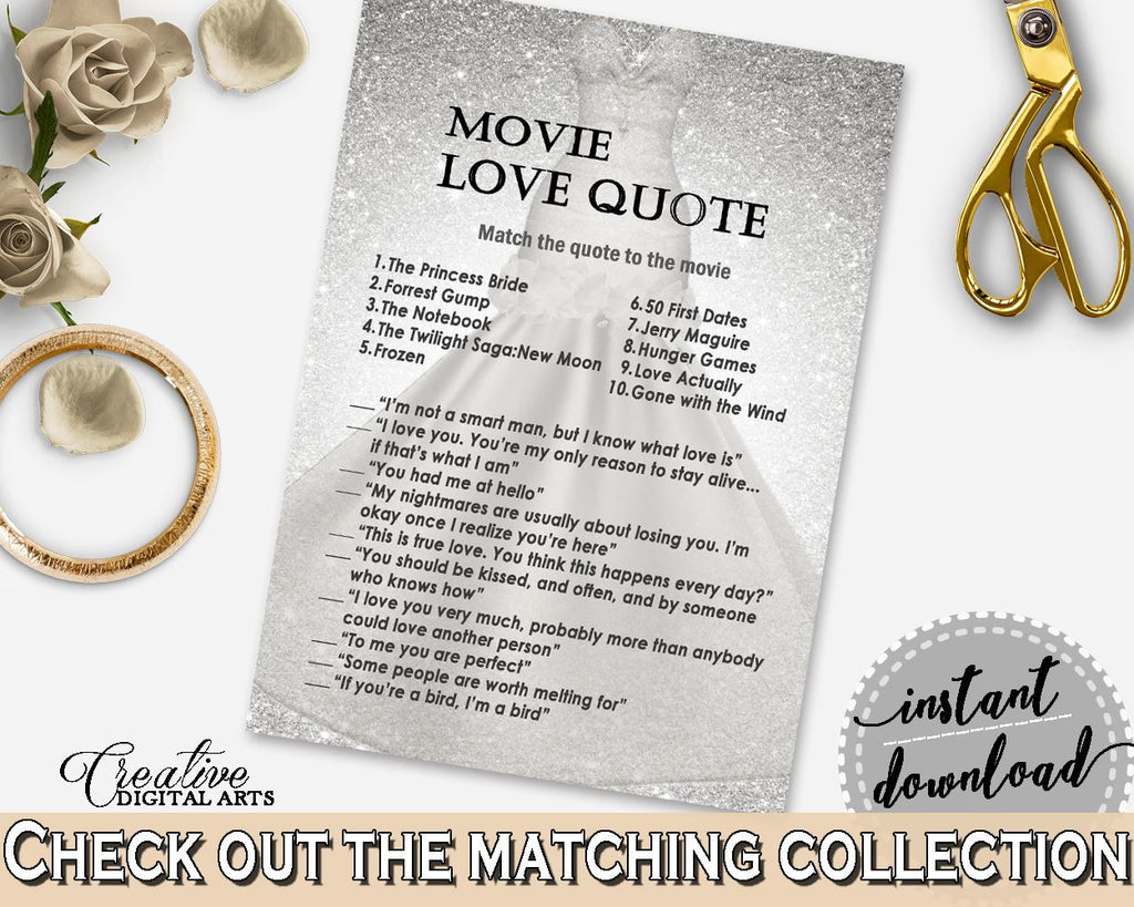 Silver Wedding Dress Bridal Shower Movie Love Quote Game in Silver And White, famous movie quotes, wedding garment, party theme - C0CS5 - Digital Product