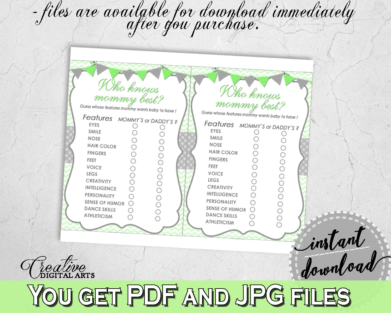 Who KNOWS MOMMY BEST baby shower game with chevron green theme printable, digital files Jpg Pdf, instant download - cgr01