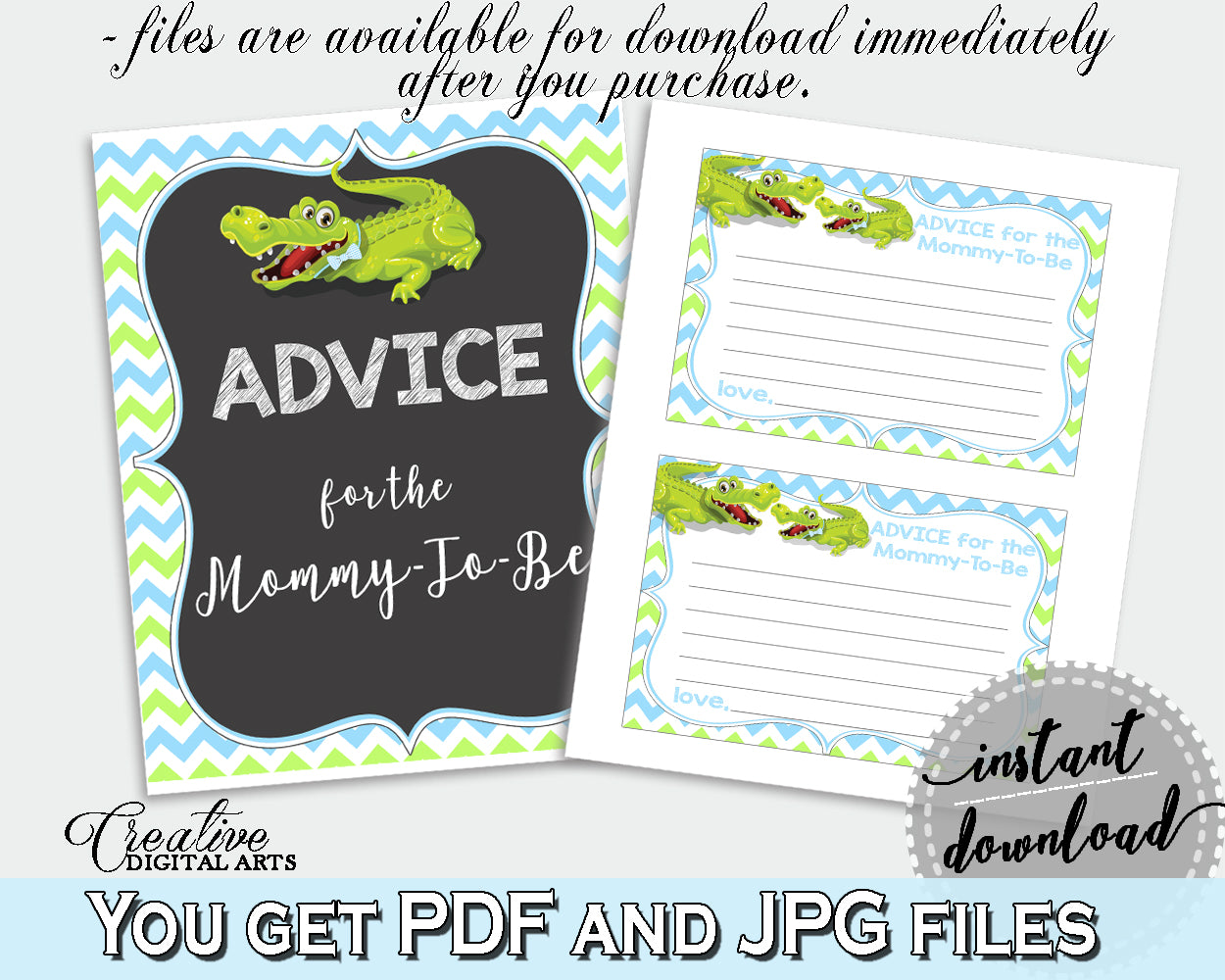 ADVICE FOR THE MOMMY TO BE and ADVICE FOR THE NEW PARENTS baby shower activities with green alligator and blue color theme, instant download - ap002