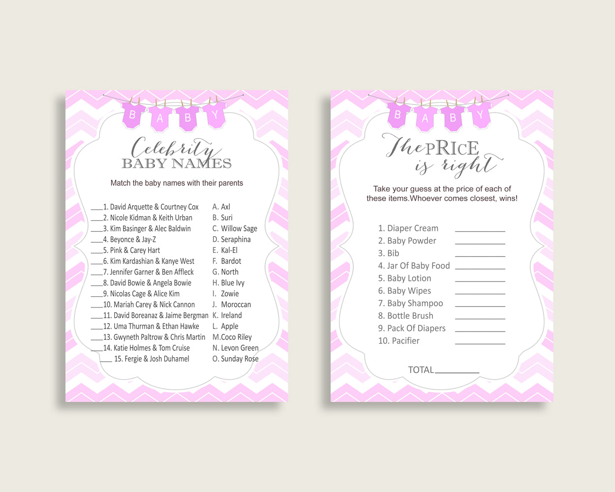 Chevron Baby Shower Games Printable Pack, Pink White Baby Shower Games Package Girl, Chevron Games Bundle Set, Instant Download, cp001