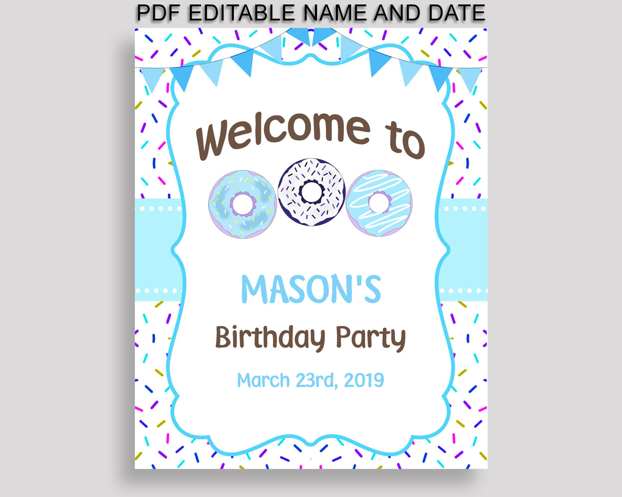 Donut Welcome Sign Donut Birthday Welcome Blue White Large Sign Donut Editable Welcome Sign Boy 4X9CJ