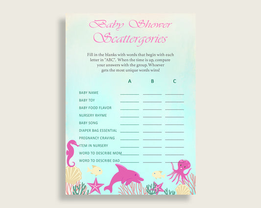 Scattergories Baby Shower Under The Sea Theme, Pink Green Scattergories Game Printable, Girl Baby Shower Fun Activity, Popular Ocean uts01