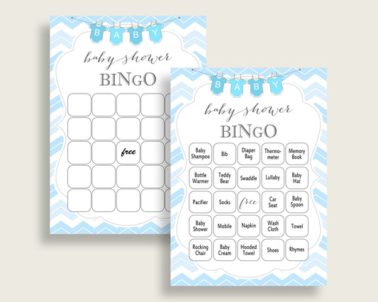 Chevron Baby Shower Bingo Cards Printable, Blue White Baby Shower Boy, 60 Prefilled Bingo Game Cards, Light Blue Popular cbl01