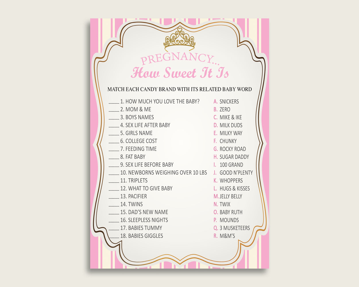 Pink Gold Pregnancy How Sweet It Is Game, Royal Princess Baby Shower Girl, Printable Candy Bar Match Game, Instant Download, Glamorous rp002