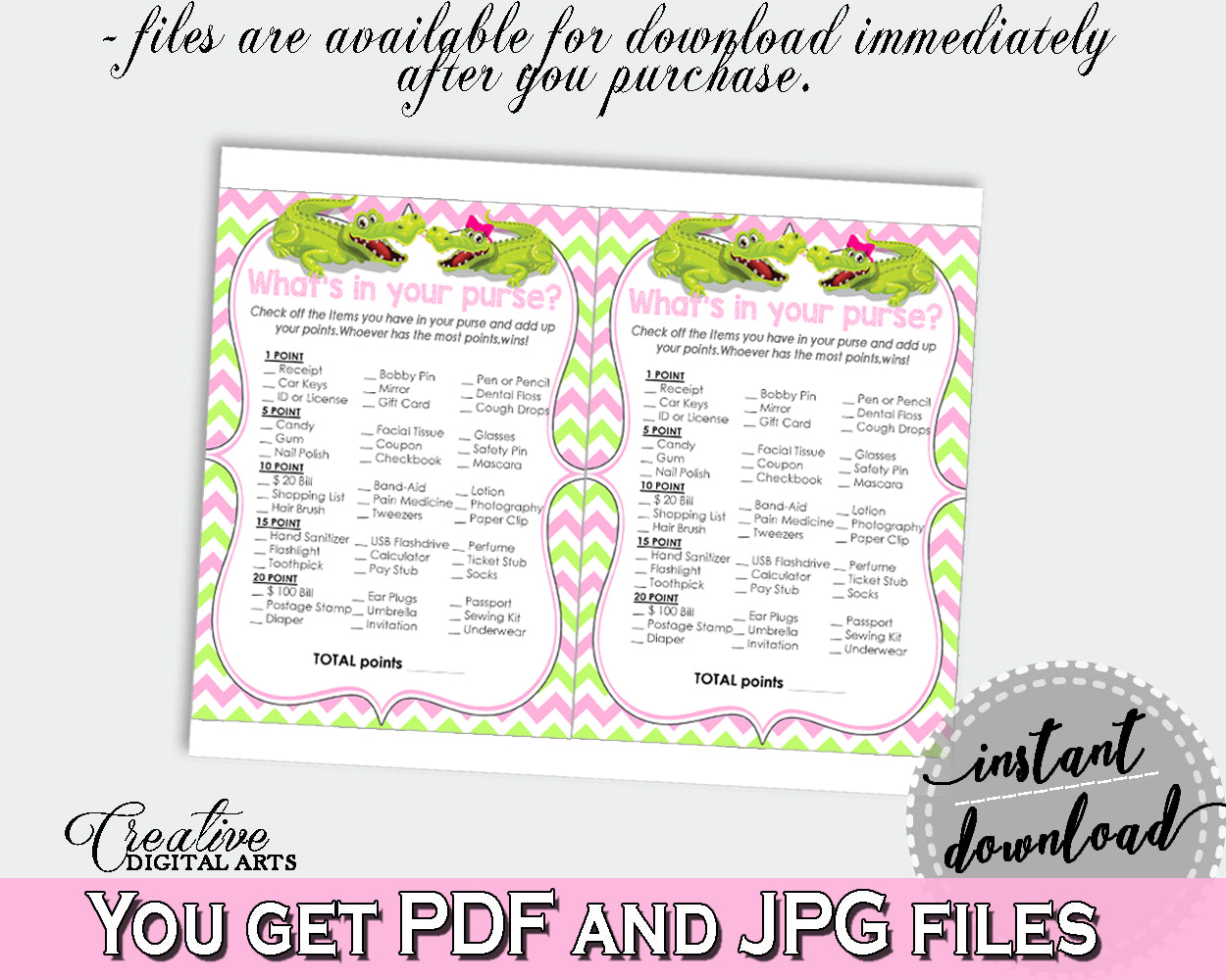 WHAT'S IN YOUR PURSE baby shower game with green alligator and pink color theme, instant download - ap001