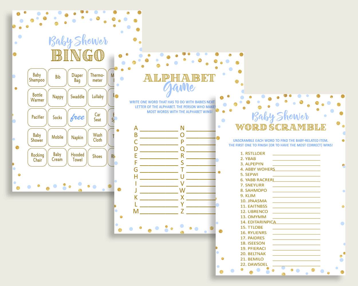 Games Baby Shower Games Confetti Baby Shower Games Blue Gold Baby Shower Confetti Games prints instant download printable pdf jpg cb001