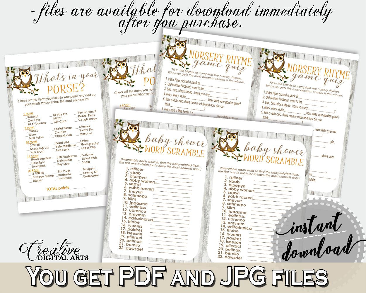 Games Baby Shower Games Owl Baby Shower Games Baby Shower Owl Games Gray Brown printable files, customizable files, party theme - 9PUAC - Digital Product