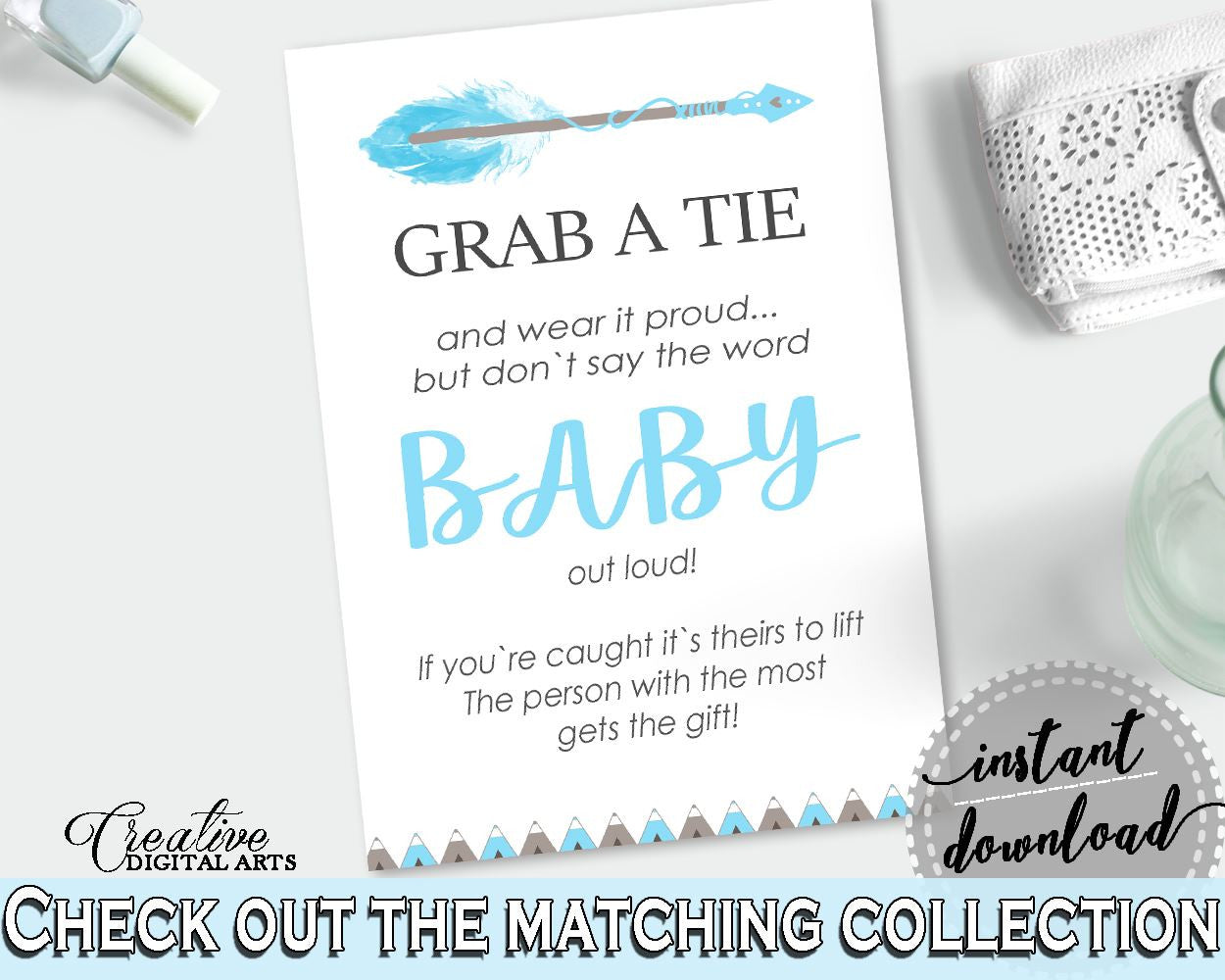 Grab A Tie Baby Shower Grab A Tie Aztec Baby Shower Grab A Tie Blue White Baby Shower Aztec Grab A Tie printable - QAQ18 - Digital Product