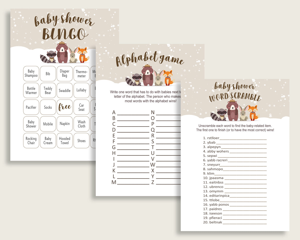 Winter Woodland Baby Shower Games Printable Pack, Beige Brown Baby Shower Games Package Gender Neutral, Winter Woodland Games Bundle RM4SN