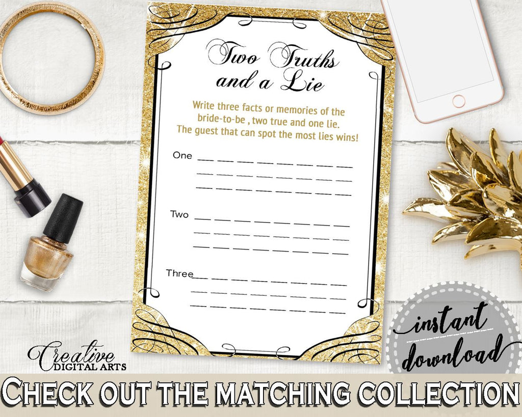 Gold And Yellow Glittering Gold Bridal Shower Theme: Two Truths And A Lie Game - truth and lie game, blazing shower, party décor - JTD7P - Digital Product