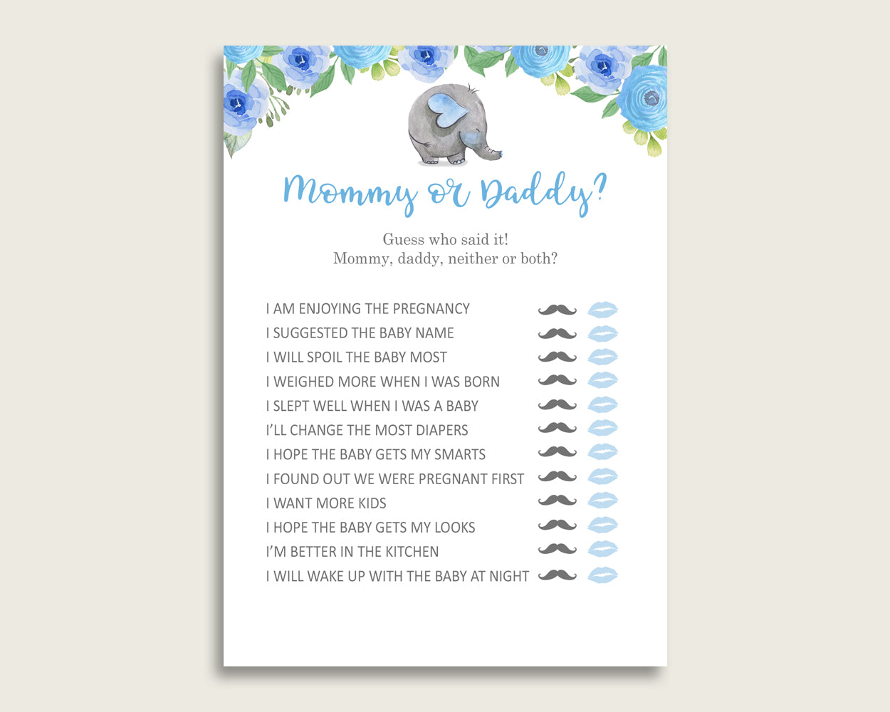 Blue Gray Mommy Or Daddy Baby Shower Boy Game Printable, Elephant Blue Guess Who Said It, He Said She Said, Instant Download, Mammoth, ebl01