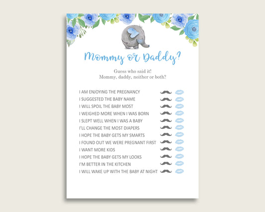 Blue Gray Mommy Or Daddy Baby Shower Boy Game Printable, Elephant Blue Guess Who Said It, He Said She Said, Instant Download, Mammoth, ebl01