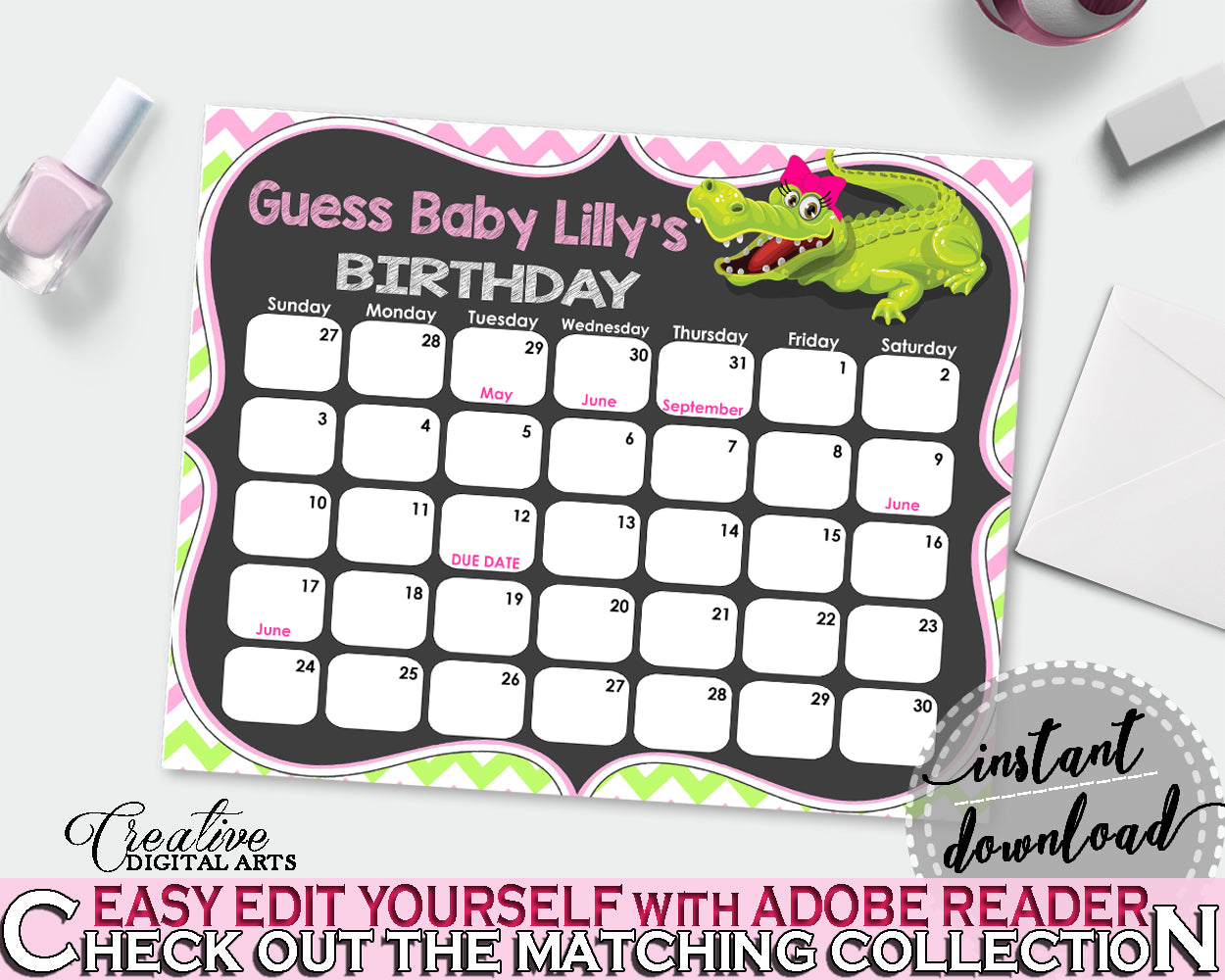 Baby Shower BIRTHDAY PREDICTION due date calendar editable with green alligator and pink color theme, instant download - ap001