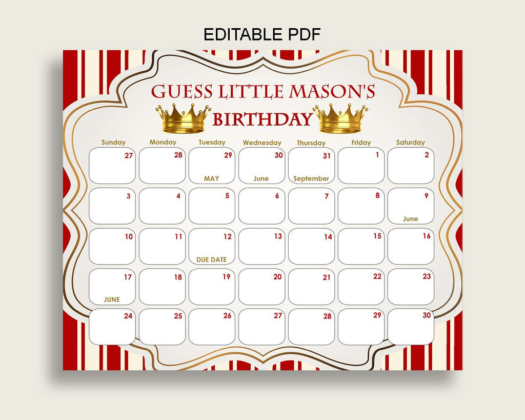 Red Gold Guess Baby Due Date Calendar Game Printable, Prince Baby Shower Boy Birthday Prediction Calendar Editable, Instant Download 92EDX