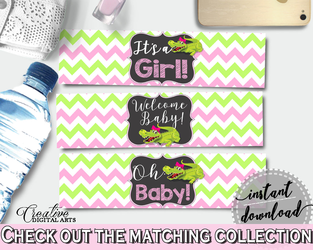Baby shower WATER BOTTLE LABELS printable with green alligator and pink color theme, instant download - ap001