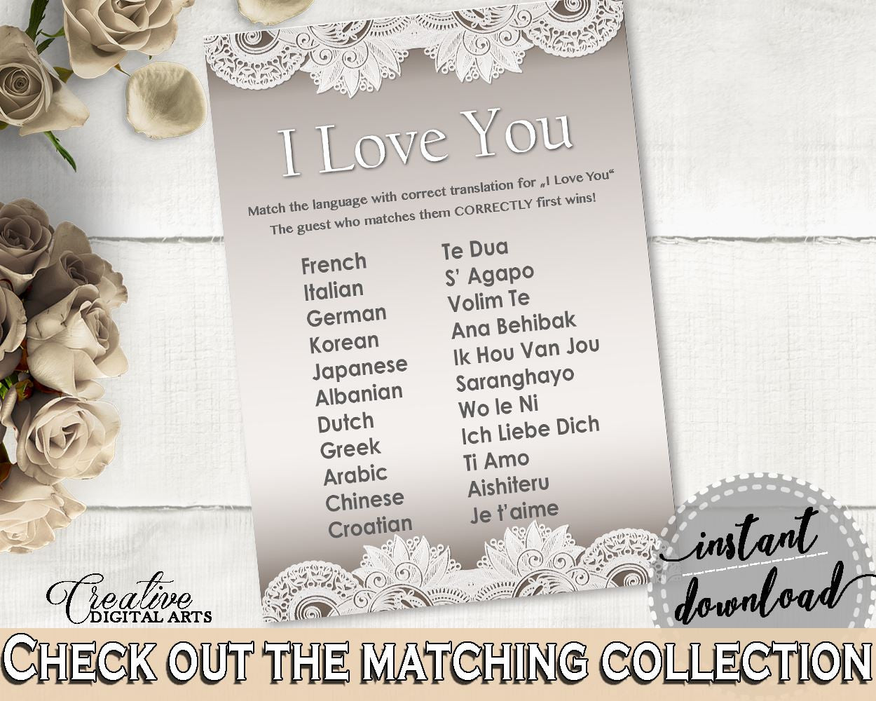 I Love You Game in Traditional Lace Bridal Shower Brown And Silver Theme, multilingual love, cheap bridal, paper supplies, prints - Z2DRE - Digital Product