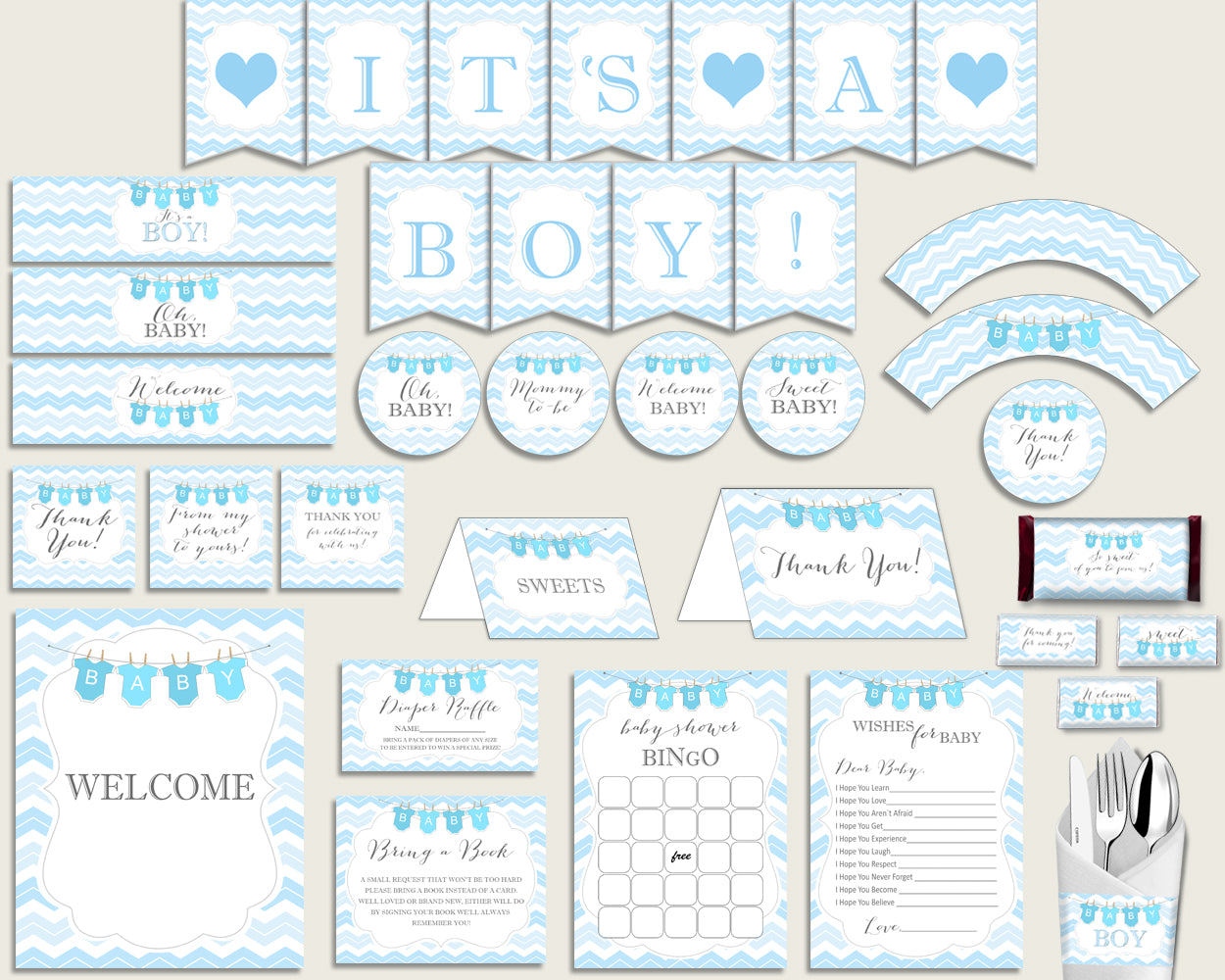 Blue White Baby Shower Decorations Boy Kit, Chevron Baby Shower Party Package Printable, Instant Download, Light Blue Popular cbl01