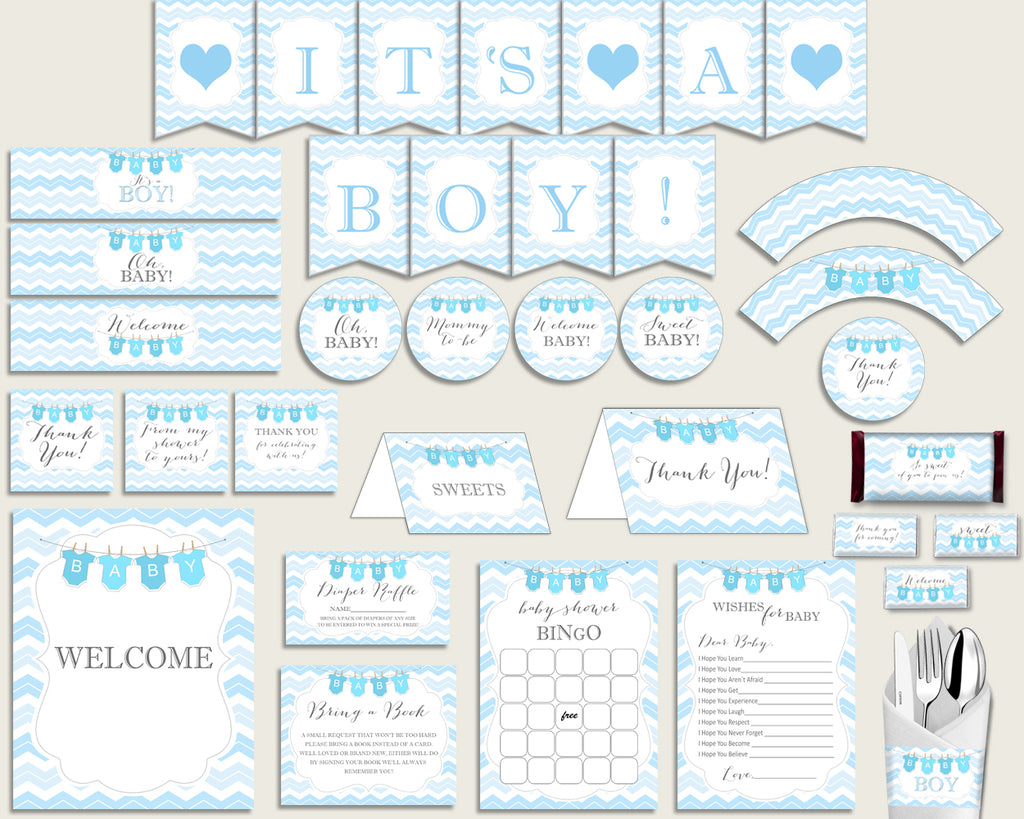 Blue White Baby Shower Decorations Boy Kit, Chevron Baby Shower Party Package Printable, Instant Download, Light Blue Popular cbl01