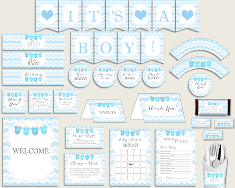 Blue White Baby Shower Decorations Boy Kit, Chevron Baby Shower Party Package Printable, Instant Download, Light Blue Popular cbl01
