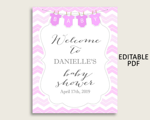 Pink White Chevron Baby Shower Welcome Sign Printable, Party Large Sign, Editable Welcome Sign Girl, Yard Sign, Instant Download, cp001