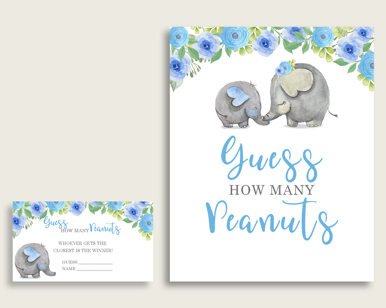 Blue Gray Candy Guessing Game, Elephant Blue Baby Shower Boy Sign And Cards, Guess How Many Candies, Candy Jar Game, Jelly Beans ebl01