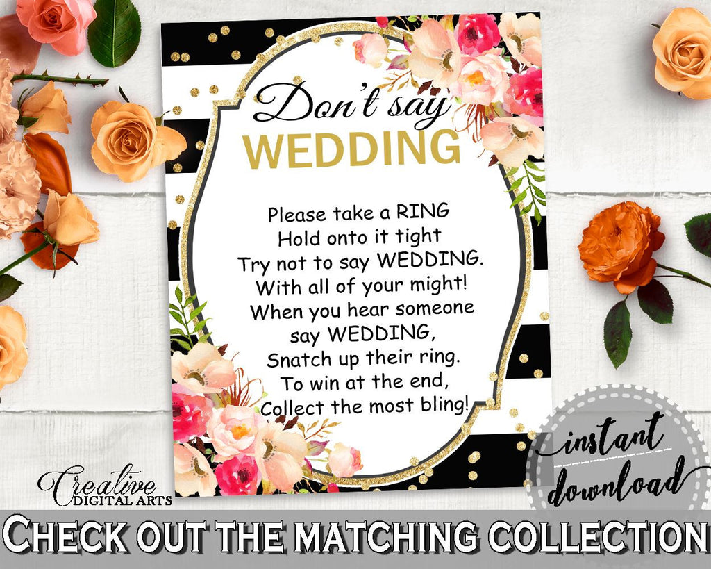 Don't Say Wedding Game in Flower Bouquet Black Stripes Bridal Shower Black And Gold Theme, funny bridal game, bridal shower idea - QMK20 - Digital Product