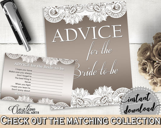 Brown And Silver Traditional Lace Bridal Shower Theme: Advice For The Bride To Be - advice for bride, rustic bridal, party ideas - Z2DRE - Digital Product