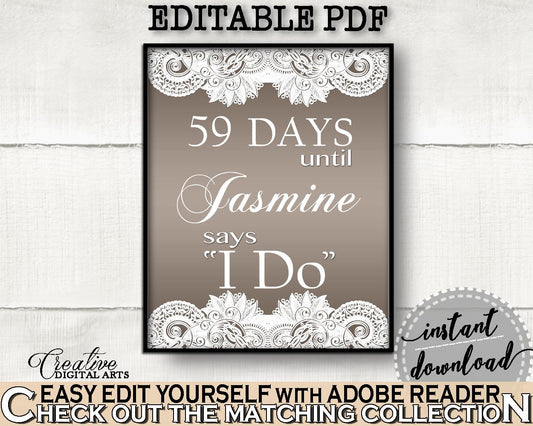 Brown And Silver Traditional Lace Bridal Shower Theme: Days Until I Do - countdown sign, bridal filigree, party organization, prints - Z2DRE - Digital Product