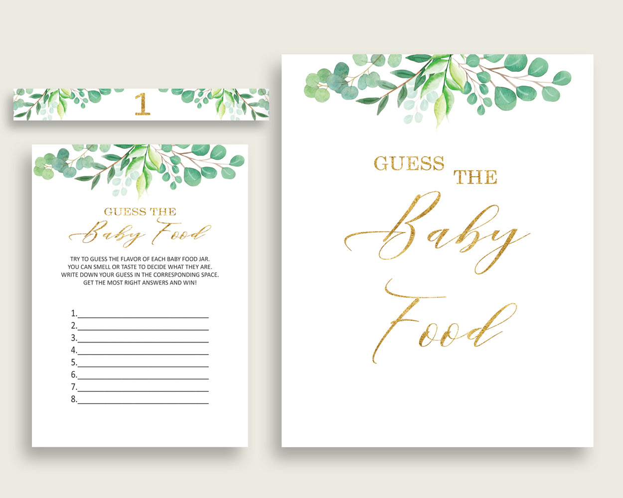 Green Gold Greenery Guess The Baby Food Game Printable, Gender Neutral Baby Shower Food Guessing Game Activity, Instant Download, Y8X33