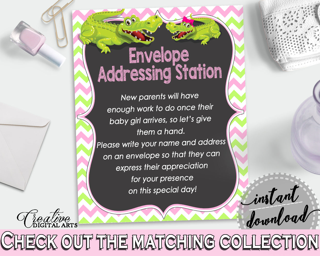 ADDRESS STATION baby shower sign with green alligator and pink color theme, instant download - ap001