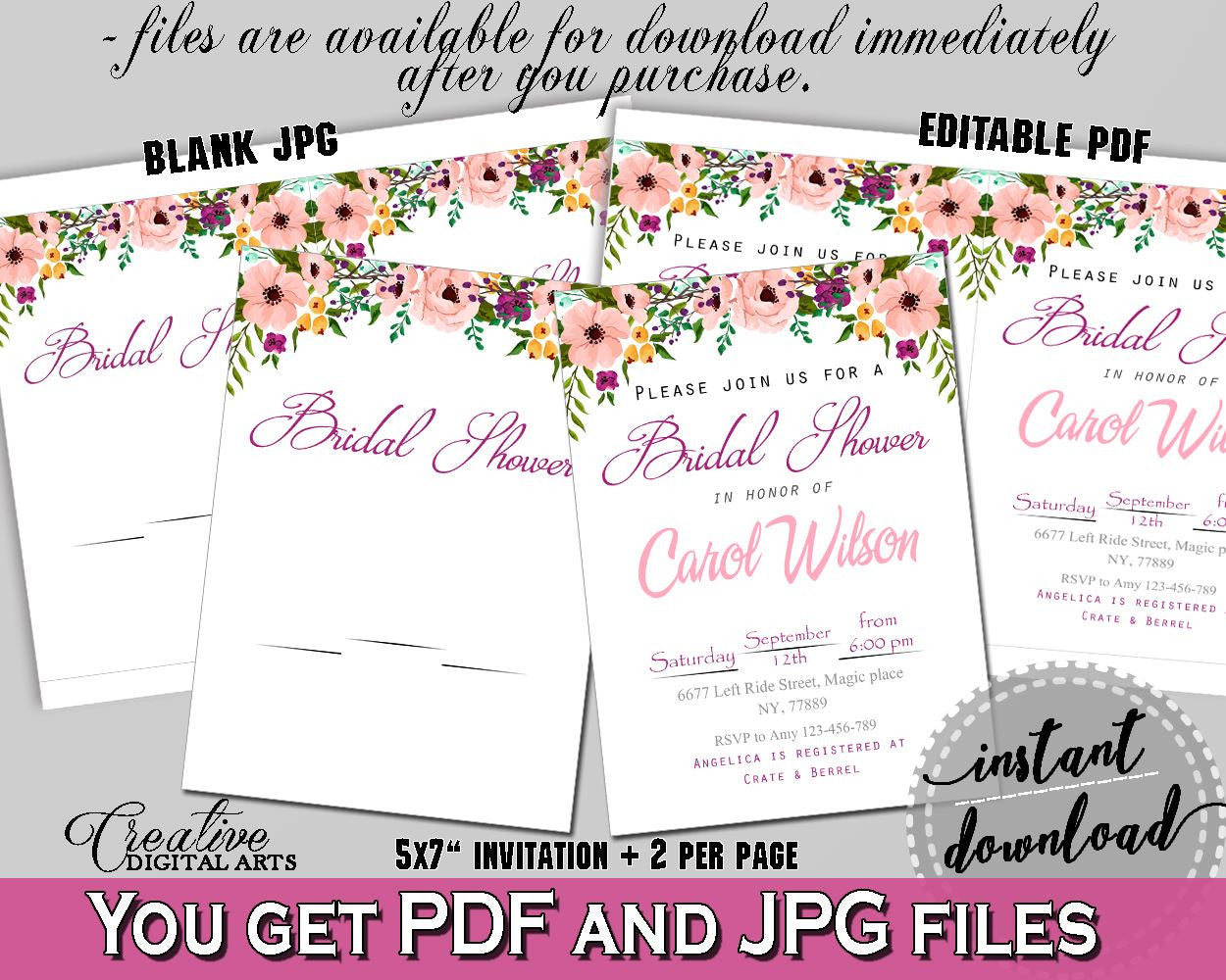 Editable Bridal Shower Invitation in Watercolor Flowers Bridal Shower White And Pink Theme, bridal editable, party décor, prints - 9GOY4 - Digital Product