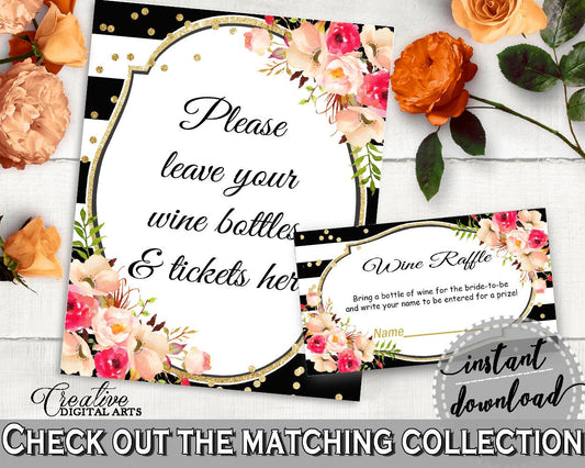 Wine Raffle in Flower Bouquet Black Stripes Bridal Shower Black And Gold Theme, wine card, classy bride, party décor, party ideas - QMK20 - Digital Product
